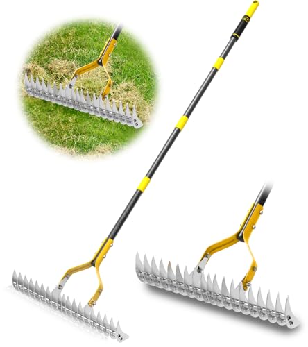 Dethatching Rake for Lawns, 15" Heavy Duty Thatch Rake with 70" Handle