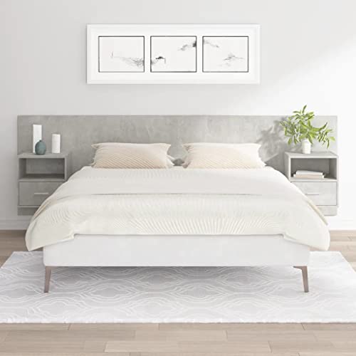 Kaloriko Tête de lit murale en bois gris béton - 160 cm de large - Design robuste pour chambre à coucher - Avec 2 tables de chevet