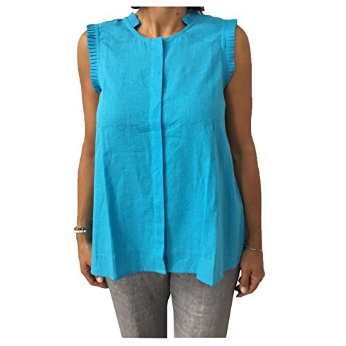 T-Shirt sans Manches Turquoise en Lin et Coton Haut de Gamme