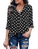 Youtalia Business Casual Tops for Women, Ladies Tunics Blouses 3/4 Sleeve Shirt Elegant V Neck Blouses Polka Dot Shirt Chiffon Tunic Tops Black Dot Medium