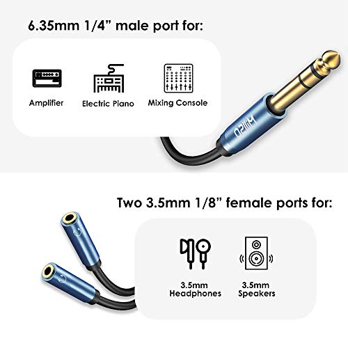 MillSO 6.35mm 1/4 Male to Dual 3.5mm 1/8 Female Headphone Adapter, TRS Stereo Sapphire Blue & Gold-Plated Audio Splitter for Amplifiers, Guitar Amp, Keyboard Piano, Home Theater, Mixer - 12 inch - Thumbnail 5
