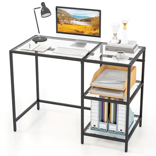 GOFLAME Computer Desk with Shelves, 42” Home Office Desk with Metal Frame, Tempered Glass Study Writing Table, Modern Simple PC Desk for Living Room Bedroom (Black)