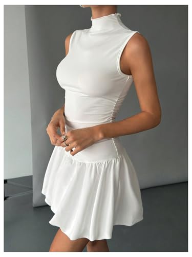 Image of WDIRARA Women's Mock Neck Sleeveless Tank Dress Bubble Sundress Puffy Mini Dresses