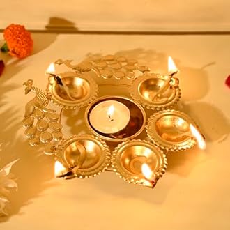 Ascension Peacock Diya Shape Decorative Urli Bowl for Home Decor with 5 Attached Oil Diyas for Floating Flowers and Tealight Candles Home Table | Diwali Decoration Items for Pooja Room (7 inch)