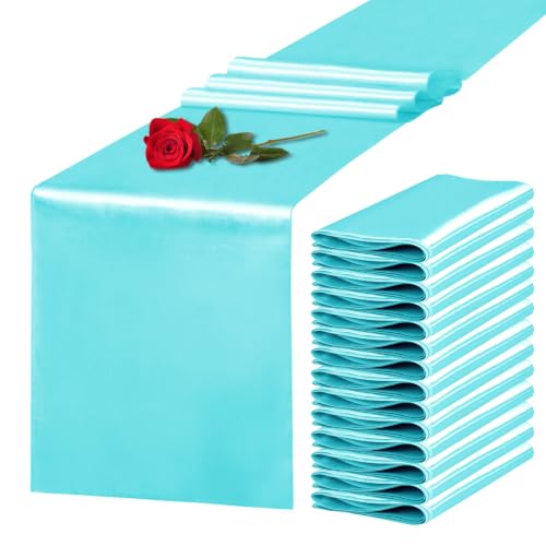 Yblut 15 Pack Satin Table Runner 12 x 108 Inch Long Turquoise Silk Table Runner for Wedding Party Banquet Birthday Decoration