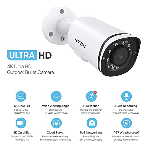 H.view 4K Poe Camera Ultrahd 8Mp Bullet Poe Ip Camera, Security Outdoor Camera, 100Ft Ir Night Vision, 2.8Mm Lens， 103° Wide Angle Ip67 Weatherproof, 4K (3840X2160), White Micro Sd Recording(256Gb) #TOP1