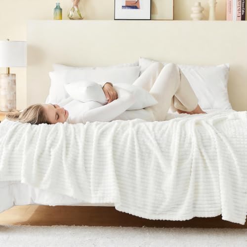 Image of EMME Fleece Throw Blanket Luxury Flannel for Couch Bed Sofa Chairl, Soft, Plush, Warm and Cozy Blanket with Geometric Grid Design (White, 80'' x 90'')