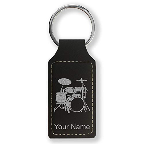 LaserGram Rectangle Keychain, Drum Set, Personalized Engraving Included (Black with Silver)