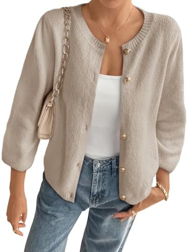 Cicy Bell Womens 3/4 Puff Sleeve Cardigan Sweater Fall Trendy Casual Button Up Loose Fit Cropped Knit Sweaters