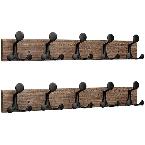 SKOLOO 24-Inch Wood Burnt Coat Rack Wall Mount with 5 Triple Hooks - Ideal for Family Entrances, Classrooms, and Pet Supplies Storage - Perfect Coat Hooks for Wall, Pack of 2