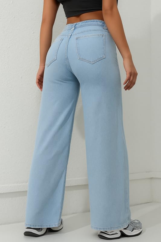 Image of London Hills Women's High Rise Wide Leg Jeans | Relaxed Fit Baggy Denim Pants | Stylish Straight Fit Comfortable Casual Wear Jeans for Women (Black)