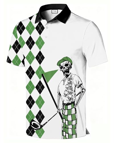 COOLLYME Men's Golf Polo Shirt, Skeleton Golfer Argyle Print, Short Sleeve, 100% Polyester, White, Green and Black
