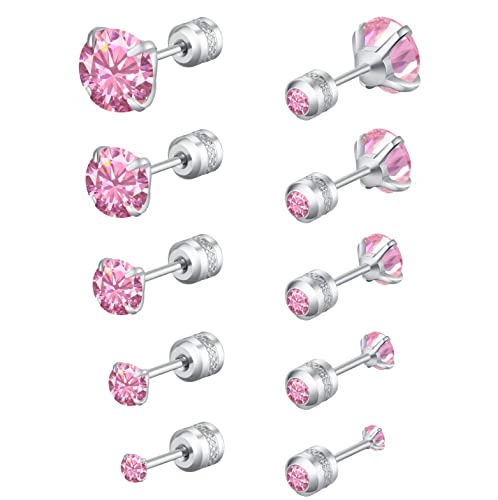 5 Pairs Stud Earrings Colorful Cubic Zirconia Stainless Steel Stud Earring Hypoallergenic Screw Back Earrings Double Side Piercing Earrings Gifts for Women Mother's Day