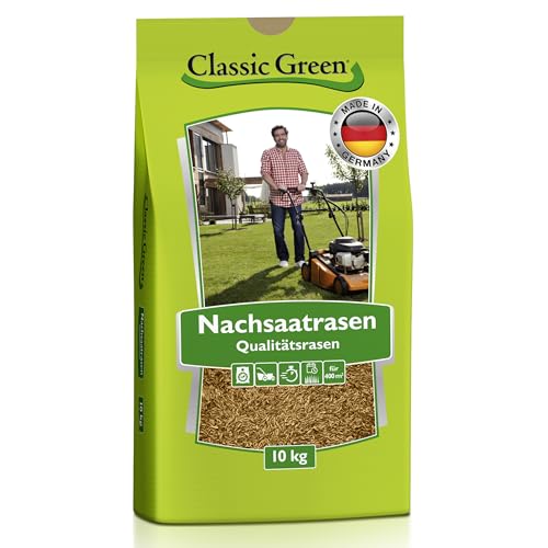 Classic Green Rasen-Nachsaat 10 kg – Schnellkeimende Grassamen & Rasensaat, Premium Rasensamen für Keimsicherheit und schnelle Reparatur von Rasenflächen für Sonne & Schatten, dichte Grasnarbe