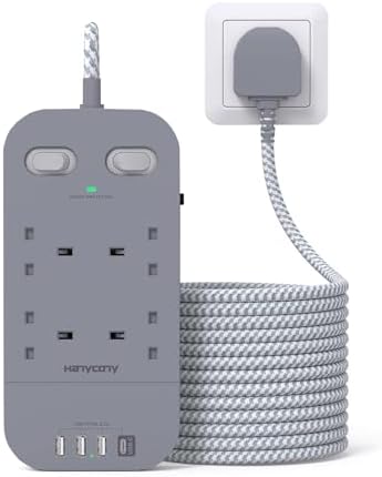 4 Way Surge Protected Extension Lead with USB Slots, HANYCONY Extension Cable with Double Switches, Plug Extension Socket 1.8M Braided Extension Cord for Home Office Accessories, Gray - View 3
