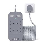 Gray Extension Lead with 4 USB Slots, HANYCONY 3M Extension Cable, 4 Outlets Power Strip with 1800J Surge Protection, Double Switch Plug Extension with 10FT Braided Cord for Home Office Accessories