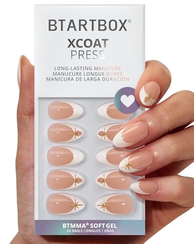 BTArtbox Press On Nails, Starlight Frost, Short Almond, French Tip, 32Ct