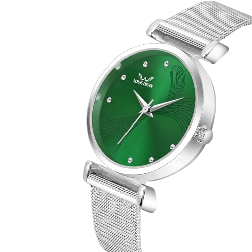 Image of LOUIS DEVIN Mesh-Type Stainless Steel Chain Analog Wrist Watch for Women (Black /Blue /Pink /Green Dial) | LD-L504-CH