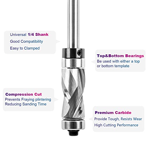 Spetool Carbide Compressiom Flush Trim Router Bit Top & Bottom Bearing 1/2 Inch Cutting Dia With 1/4 Inch Shank Pattern Template Woodworking Tool #TOP3