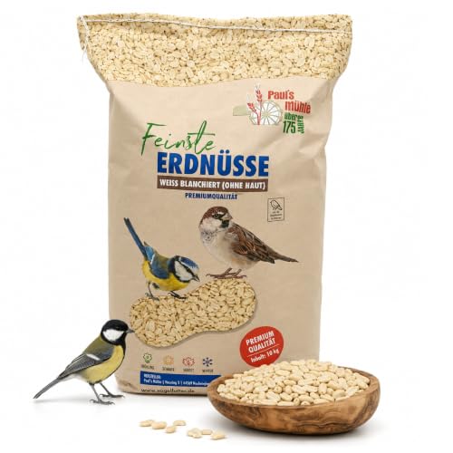 Paul´s Mühle - 10 kg Erdnüsse Weiss, blanchiert ohne Haut Neue Ernte 2026 | Halbe Erdnusskerne ohne Haut - Schalenfreies Vogelfutter & Wildvogelfutter ganzjährig für Garten, Futterstelle & Balkon