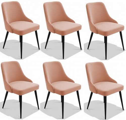 Image of Finch Fox Taskpro Modern Unique Velvet Upholstered Seating Living Room Dining Chair with Black Metal Legs in Peach Color (Set of 6)