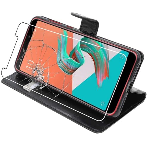 ebestStar - Funda Compatible con ASUS Zenfone 5 Lite ZC600KL Carcasa Cartera Cuero PU, Funda Ranuras Tarjeta, Función Soporte, Negro + Cristal Templado [Aparato: 160.6 x 76.2 x 7.8mm, 6.0'']