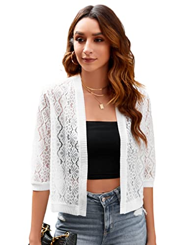 Image of Xunger Women's 3 /4 Sleeve Lace Cardigan Casual Open Front Floral Lace Shrug Summer Cover Up