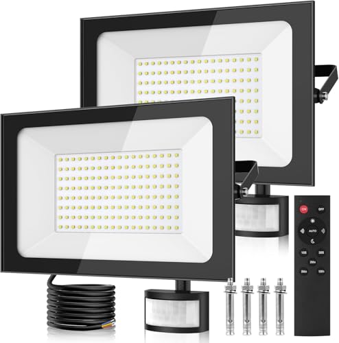 papasbox 2 Stück 150W LED Strahler mit Bewegungsmelder Außen Lichtsensor | Außenstrahler Scheinwerfer Aussen mit Fernbedienung | 6500K Kaltweiß IP66 Wasserdicht Fluter für Garten Garage Sportplatz