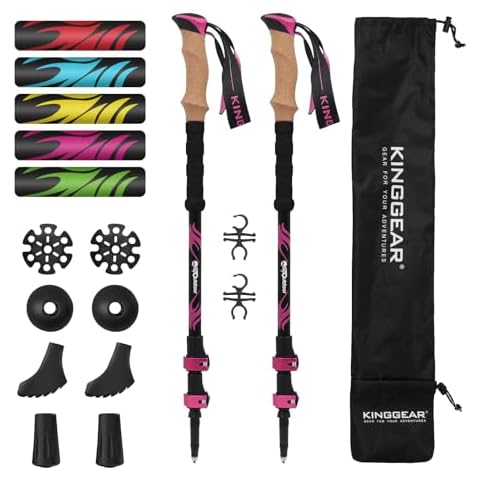 KINGGEAR Nordic Walking Stick, TPC-1, Pink 100% Carbon Fiber Hiking Poles, Telescopic Retractable Trekking Poles Metal Flip Locks, Cork and Extended EVA Handle, Lightweight Ultra Strong Cover