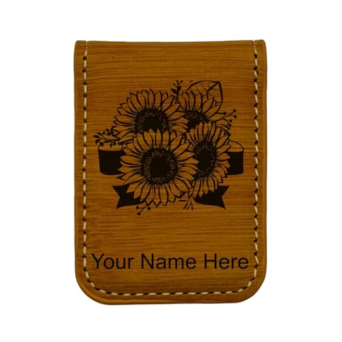 LaserGram Slim Magnetic Money Clip, Sunflowers, Personalized Engraving Included (Bamboo)