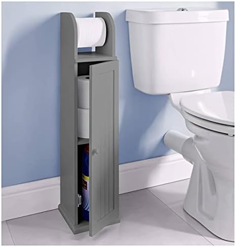 Grey Wood Free Standing Toilet Paper Roll Holder Bathroom Storage Cabinet