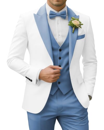 SPTALLFITJSV Men's Dusty Blue and White Suit Set 3 Piece XX-Small