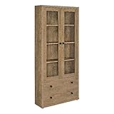 Pemberly Row Tall Wood Cabinet with 4-Shelves and Glass Doors, Mango Finish, 2 Drawers, Adjustable Shelves, Compact Storage, 70.75' H x 31.5' W x 9.5' D, Transitional Style for Living Room or Dining