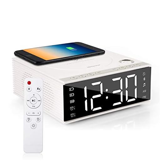 Htterino Wireless Charging Alarm Clock Bluetooth Speaker with Remote Control,FM Radio,USB Port,TF-Card,AUX-in,Snooze,LED Display,Hands-Free Calls and DIY Ringtone for Bedroom(Color:White)