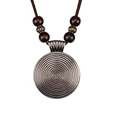 GelConnie Beaded Long Leather Necklace Silver Spiral Pendant Necklace for Women Vintage Spiral Necklaces with Wooden Beads