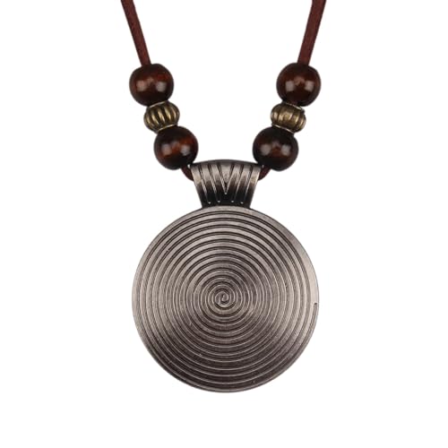 GelConnie Beaded Long Leather Necklace Silver Spiral Pendant Necklace for Women Vintage Spiral Necklaces with Wooden Beads