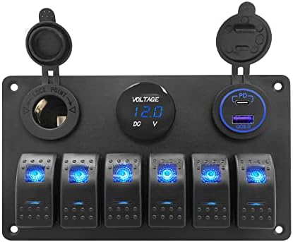 THALASSA 6 Gang Marine Boat Rocker Switch Aluminum Panel Waterproof with Blue Digital Voltage Display, Dual PD +QC3.0 USB Outlet, 12V DC Cigarette Lighter Port for Car Truck Rv Vehicles Yacht