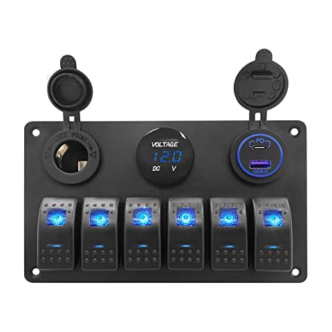 THALASSA 6 Gang Marine Boat Rocker Switch Aluminum Panel Waterproof with Blue Digital Voltage Display, Dual PD +QC3.0 USB Outlet, 12V DC Cigarette Lighter Port for Car Truck Rv Vehicles Yacht Cover