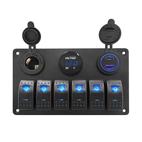 Thalassa 6 Gang Marine Boat Rocker Switch Aluminum Panel Waterproof With Blue Digital Voltage Display, Dual Pd +Qc3.0 Usb Outlet, 12V Dc Cigarette Lighter Port For Car Truck Rv Vehicles Yacht #TOP1