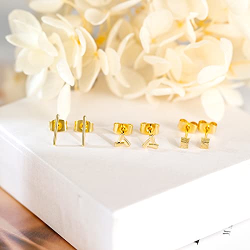 Stud Earrings For Women Men, 3 Pairs Small Gold Geometric Stud Earrings Set Hypoallergenic Tiny Trendy Earring Stud -Triangle Square Bar #TOP5