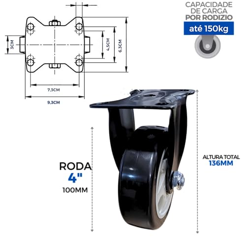 Kit 4 Rodinhas Rodizio Roda 4 Polegadas Giratórias E Fixas (Preto)