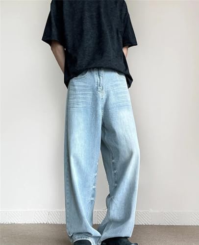 Men's Vintage Blue Jeans, Lightweight Zipper Placket Straight Jeans, High Street Hip-Hop Trousers3