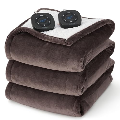 Bedsure Electric Blanket Queen Size - Dual Control Heated Blanket Queen, Fast Heating with 10 Time Settings & 10 Heat Settings, Warm Gift for Grandma (84x90 inches, Brown)