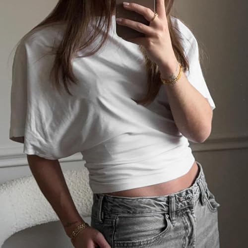 Women Wide Short Sleeve Casual Crew Neck Cinched Waist Shirt Cute Workout Crop Top - Image 5