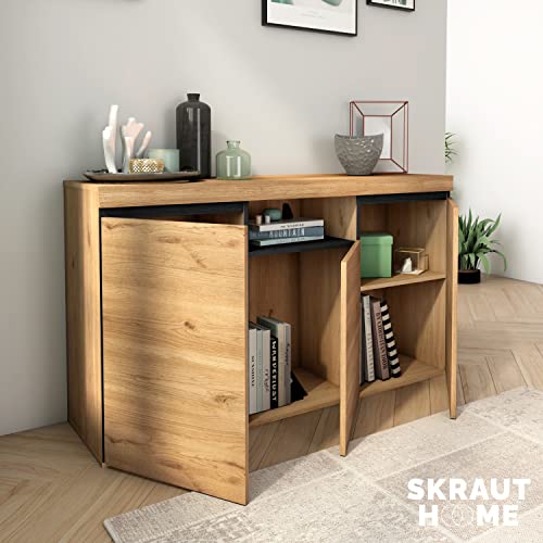 Skraut Home | Aparador | Modelo Naturale | 140 x 40 x 81 cm | Mueble Auxiliar de Entrada con 3 Puertas | con Estilo Nórdico | Melamina | Roble y Negro - imagen 5