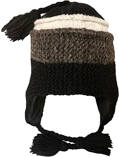 Nepal Hand Knit Sherpa Hat with Ear Flaps, Trapper Ski Wool Fleeced Lined (Black/White Snowboarder Medium) - Thumbnail 2
