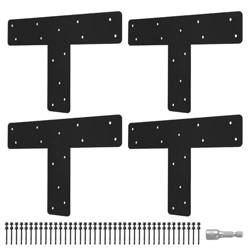 4 Pcs T Post Bracket,13"x13"T Flat Mending Plate with Black Powder-Coated Joining Brackets, Connecting Brackets, T Shape Strap Plate Fit 4x4,6x6 for Repair House,Pavilion,Truss framing