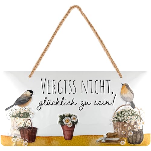 LANOLU retro Blechschild Happy Place Schild für Garten Balkon Lieblingsplatz Spatz Blumen Deko geprägt gestanzt Jutekordel 16x32 cm
