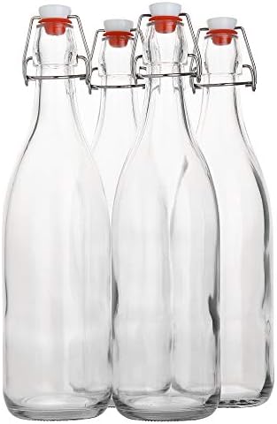 Flip Top Glass Bottle [1 Liter / 33 fl. oz.] [Pack of 4] – Swing Top Brewing Bottle with Stopper for Beverages, Oil, Vinegar, Kombucha, Beer, Water, Soda, Kefir – Airtight Lid & Leak Proof Cap – Clear