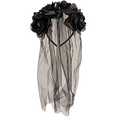Deluxe Halloween Headband Hat Head Boppper Girls Ladies Witch Dead Halloween Fancy Dress Costume by Lizzy® (Black Rose Bride Veil Headband) Cover